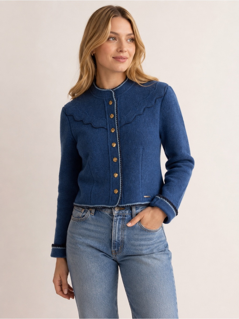 Geiger Navy Scalloped Wool-Blend Cropped Jacket